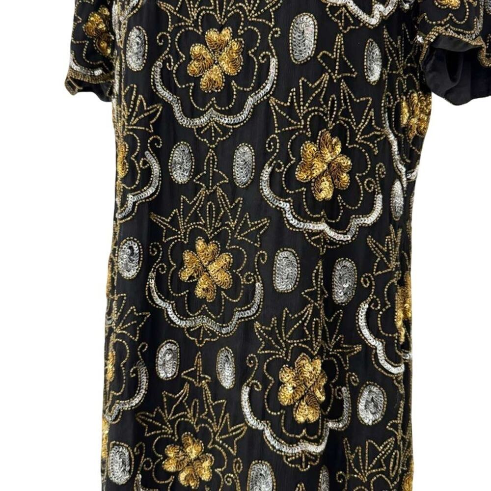 Adrianna Papell Evening Vintage Gold Silver Beaded Knee Length Formal Dress 12 - Picture 3 of 16